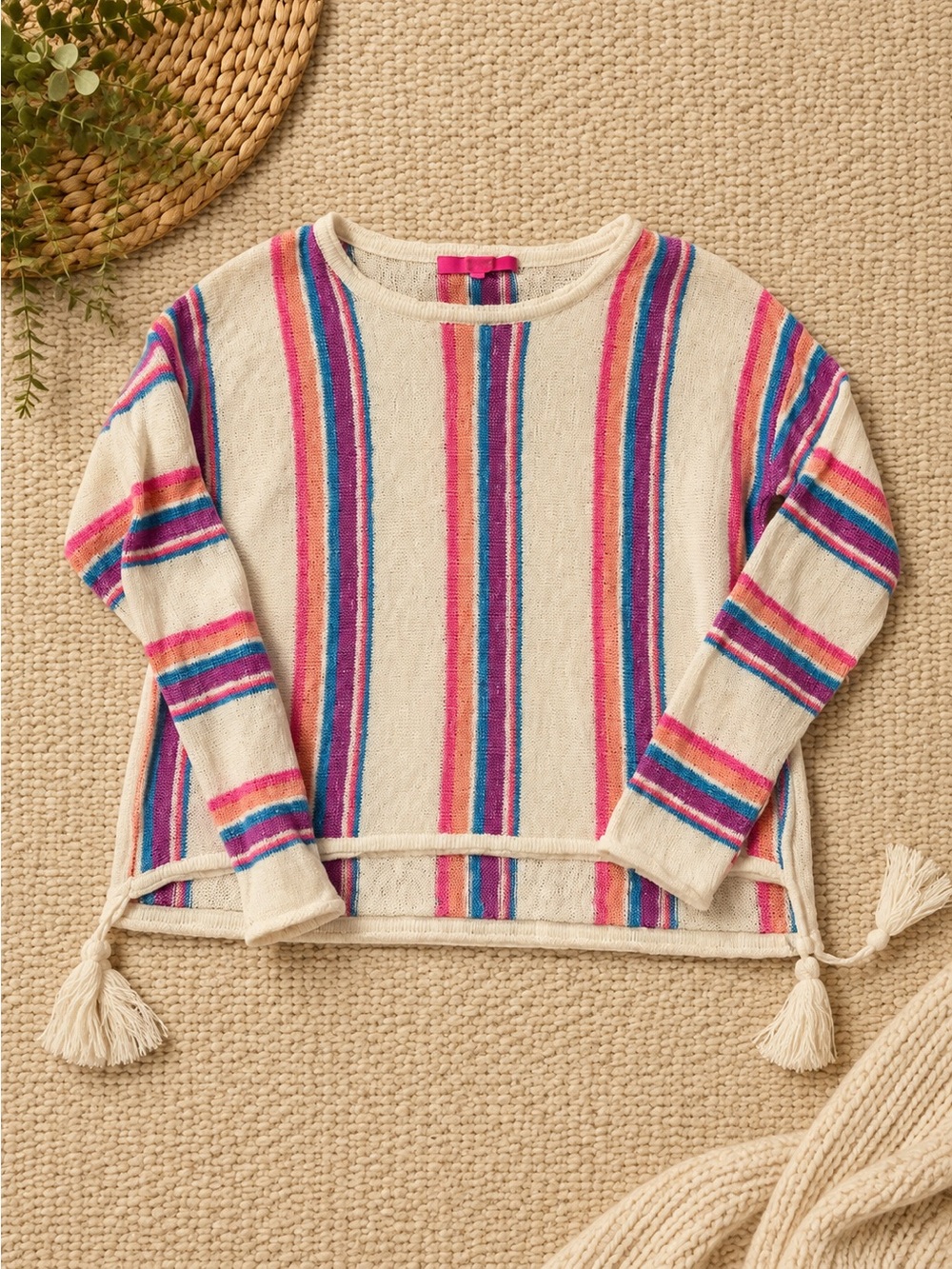 Lilly Pulitzer Cream Crewneck Sweater with Pink, Teal & Coral Stripes